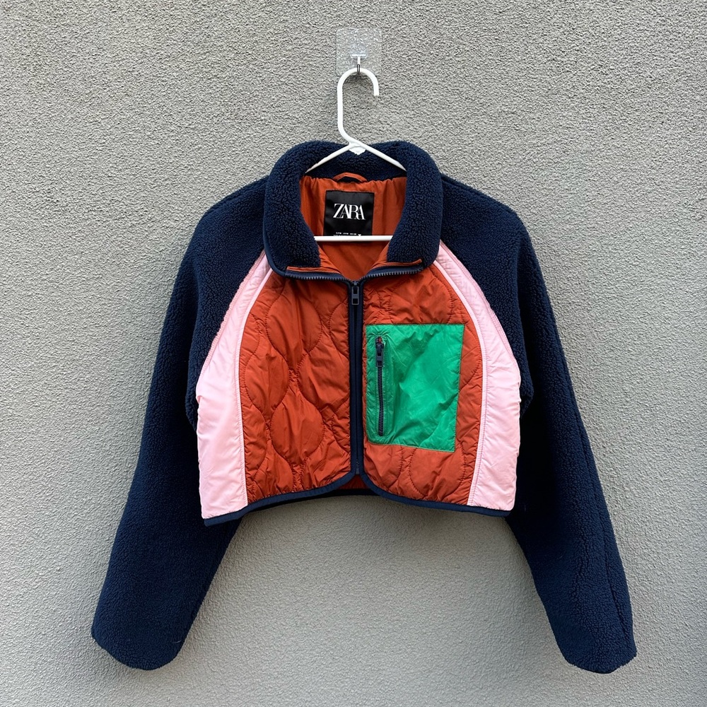Zara Navy, Rust, Pink & Green Cropped Puffer Jacket